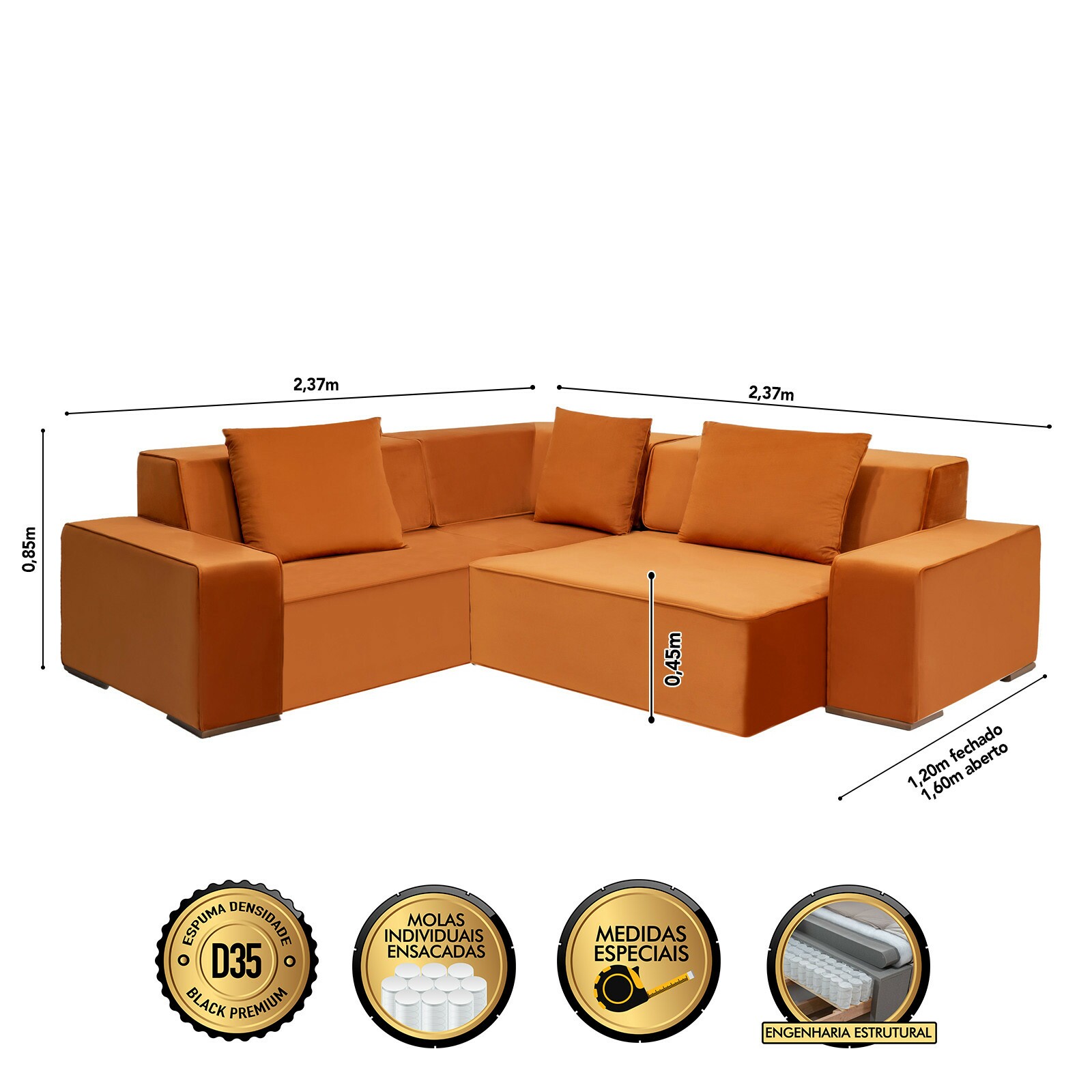 Sofá Dubai 2.37x2.37m de Canto Retrátil