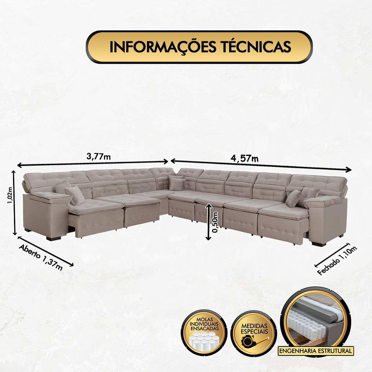 Sofá Magno 3,77x4,57m de Canto, Retrátil e Reclinável