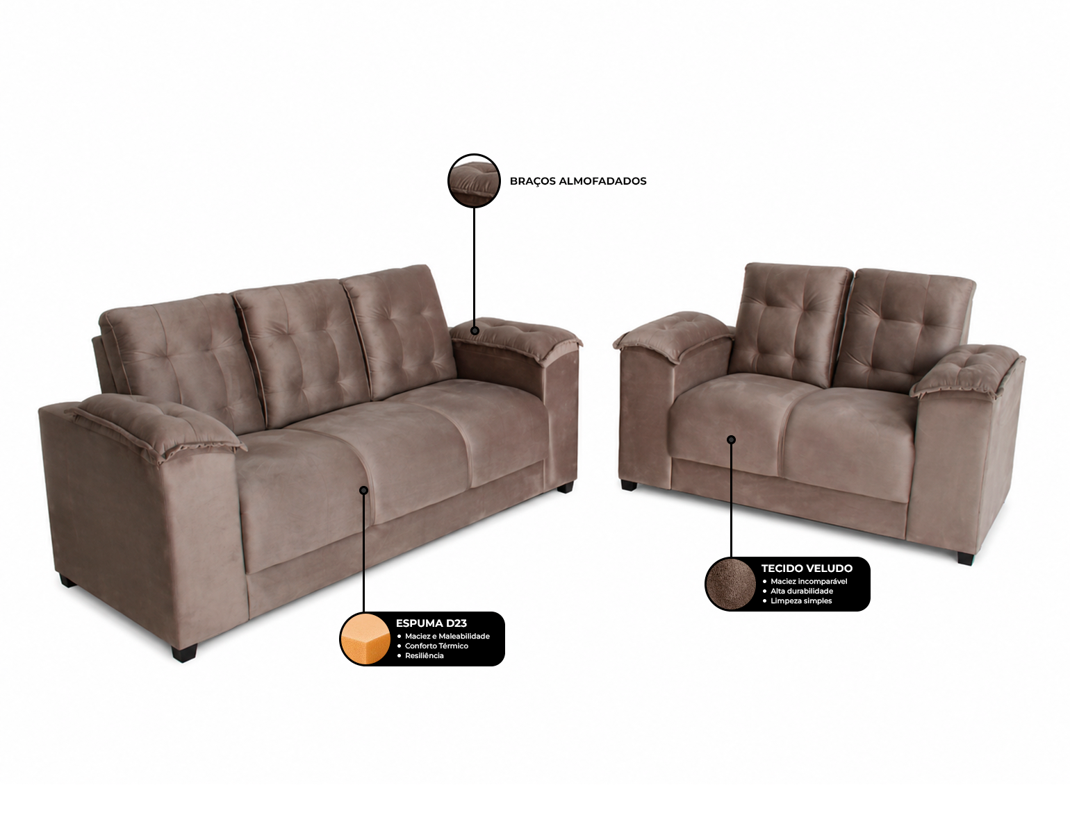 Conjunto de Sofá 02 e 03 lugares Espanha Sofisticato Veludo Marrom 