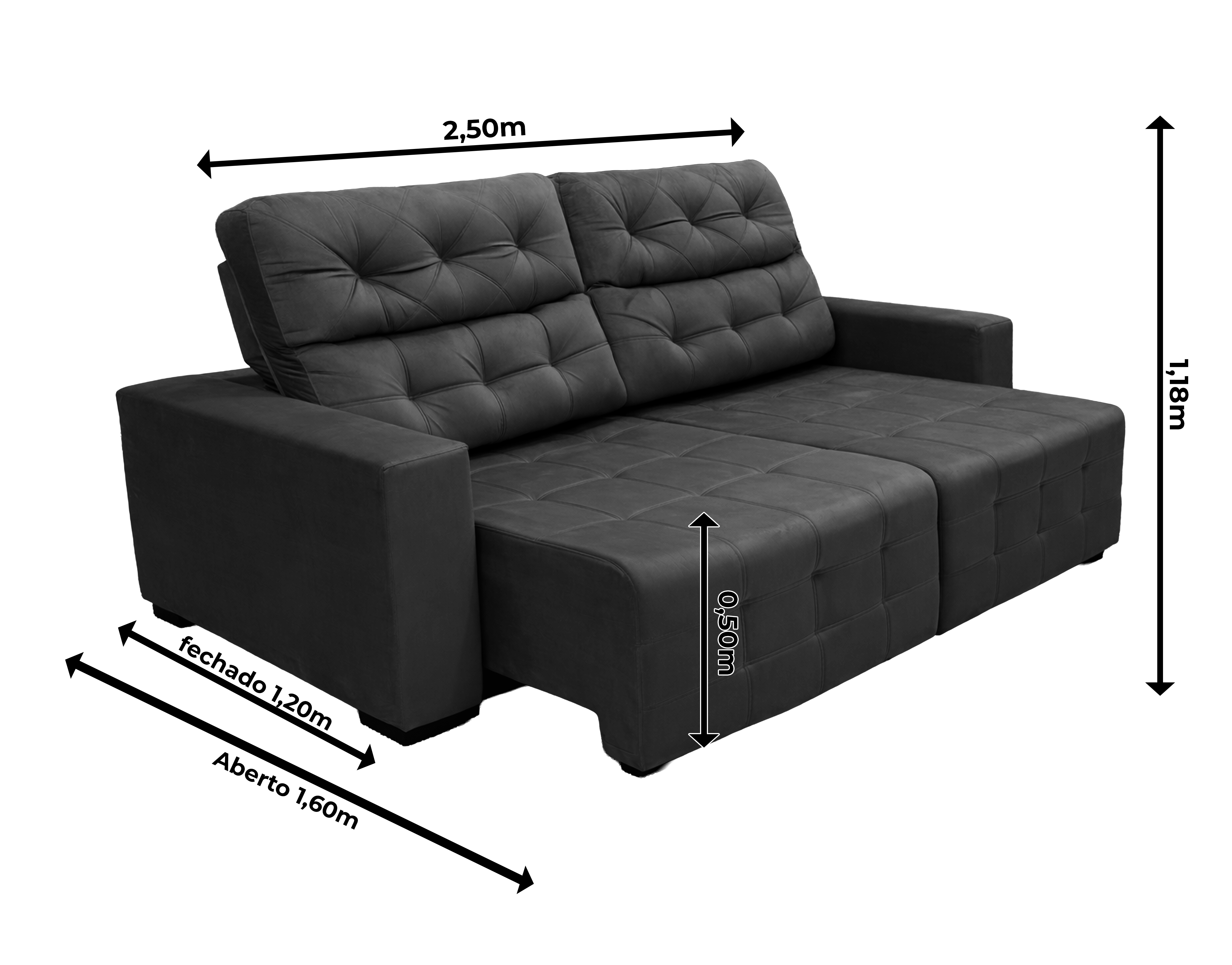 Sofá Retrátil e Reclinável Siena Super Pillow 2,50m - Preto