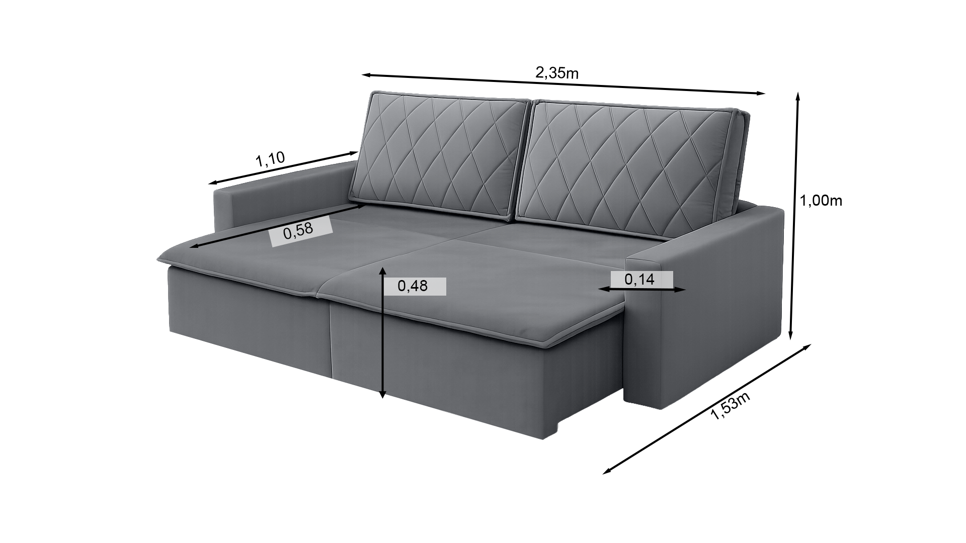 Sofá Cama Caixa Zero Florença 2,35m - Chumbo