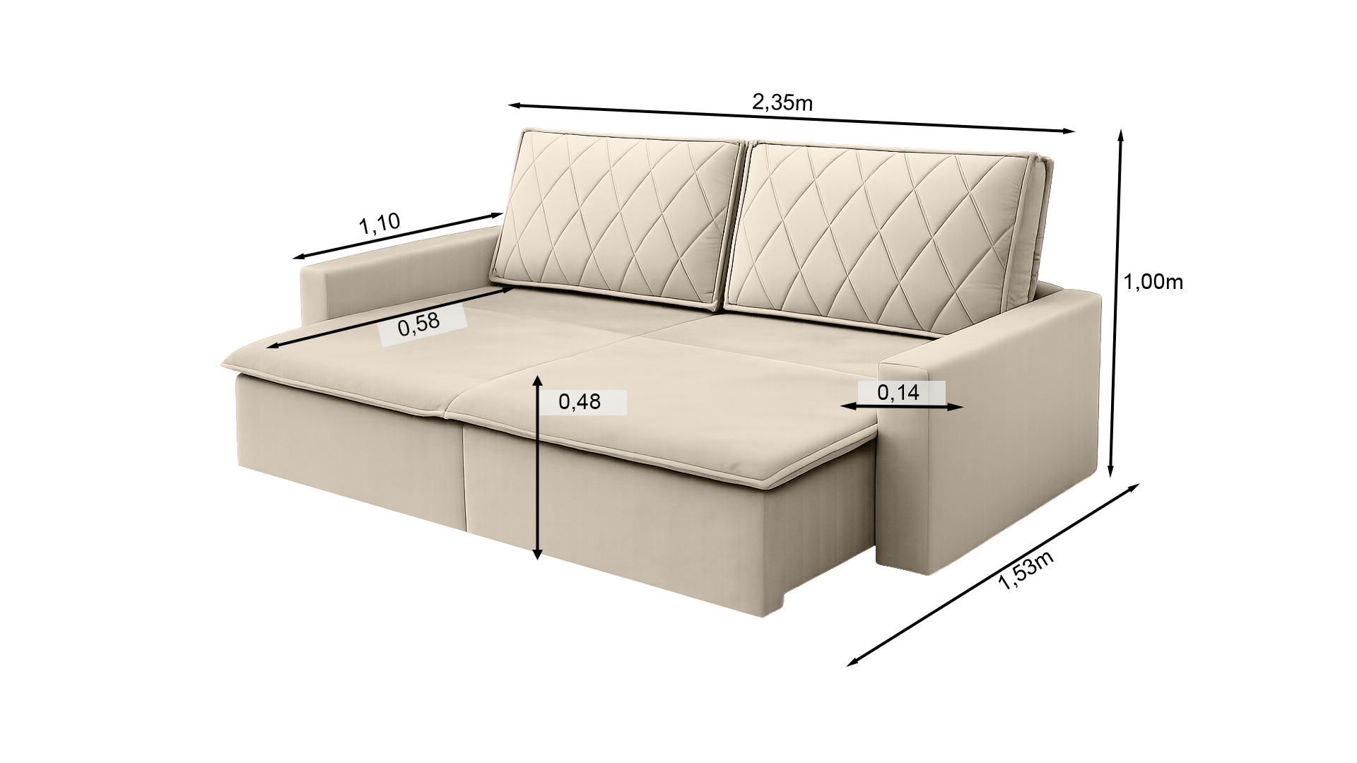 Sofá Cama Caixa Zero Florença 2,35m - Bege