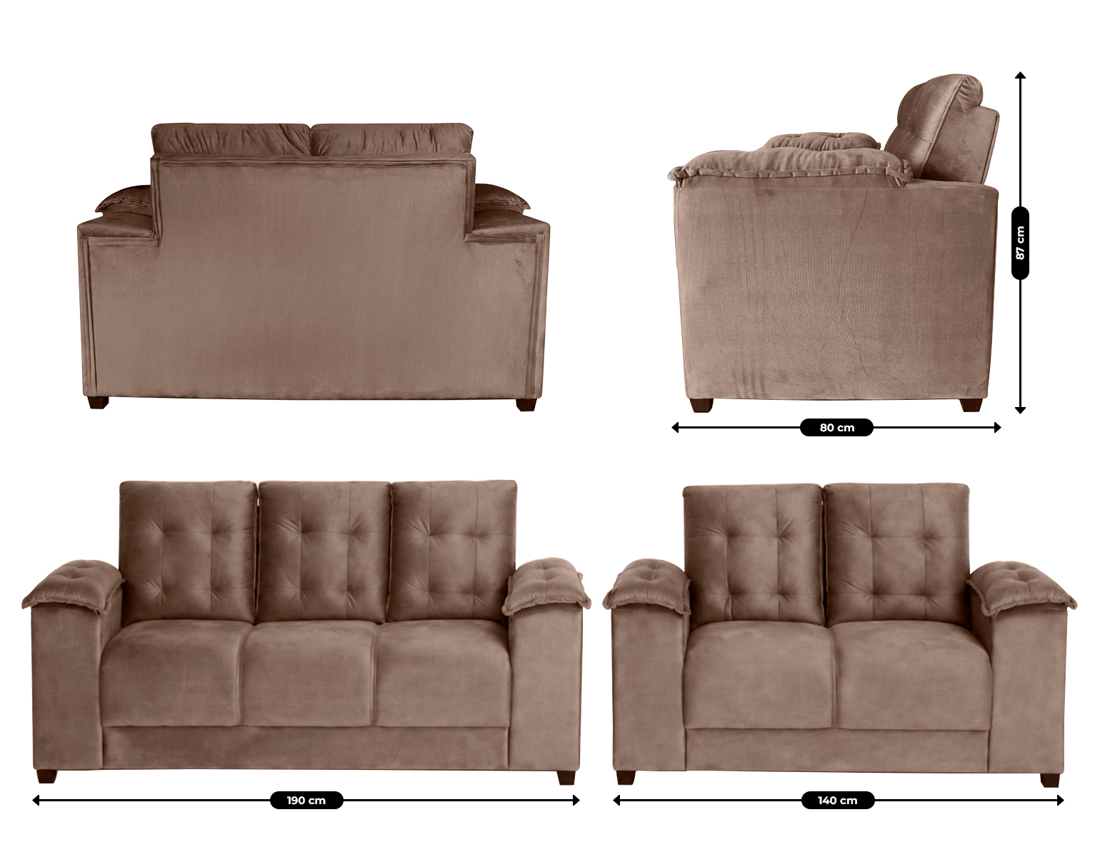 Conjunto de Sofá 02 e 03 lugares Espanha Sofisticato Veludo Marrom 