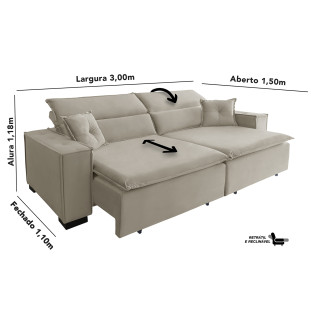 Sofá Londres 3,00m Retrátil e Reclinável Pillow Top