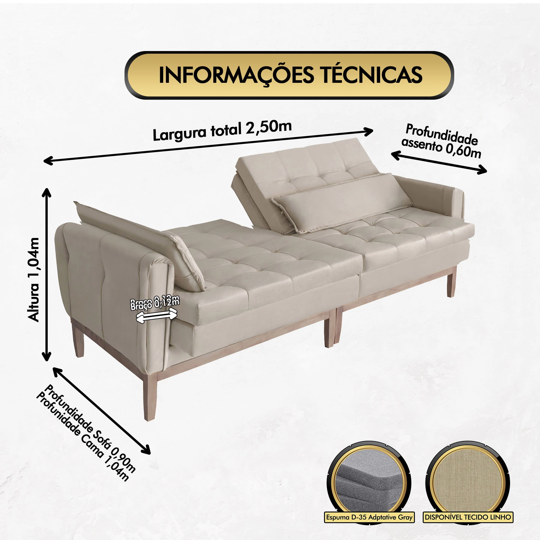 Sofá Cama Rivieira 2,50m - Bege