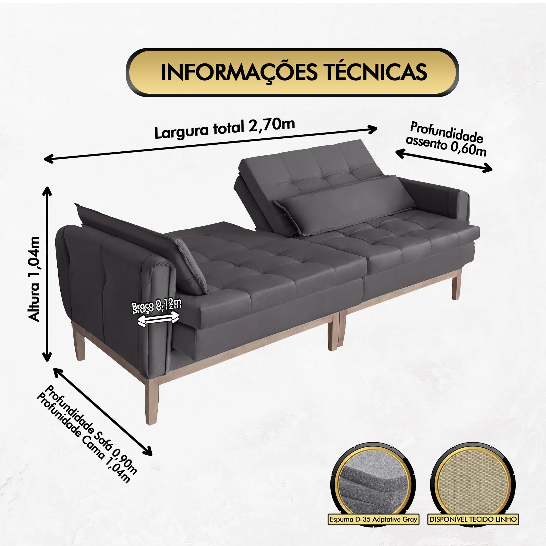 Sofá Cama Rivieira 2,70m - Chumbo