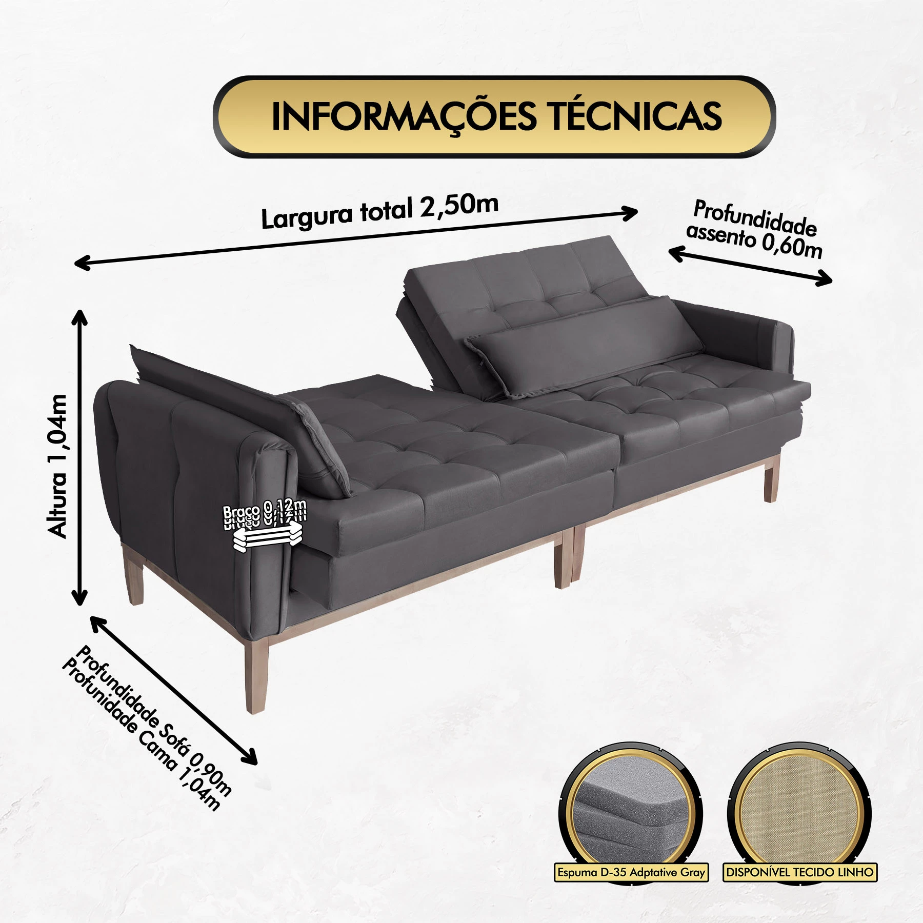 Sofá Cama Rivieira 2,50m - Chumbo