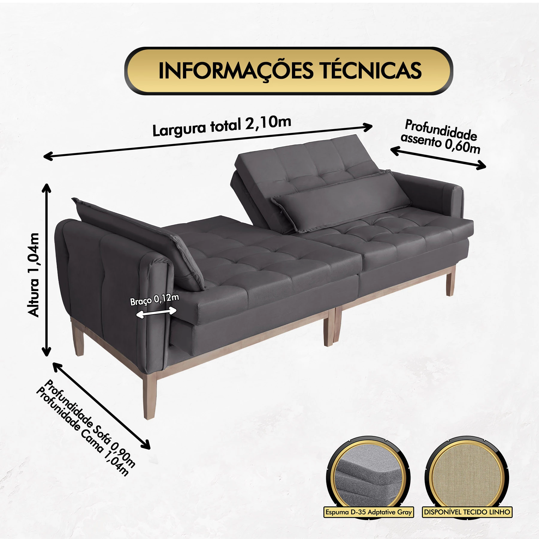 Sofá Cama Rivieira 2,10m - Chumbo