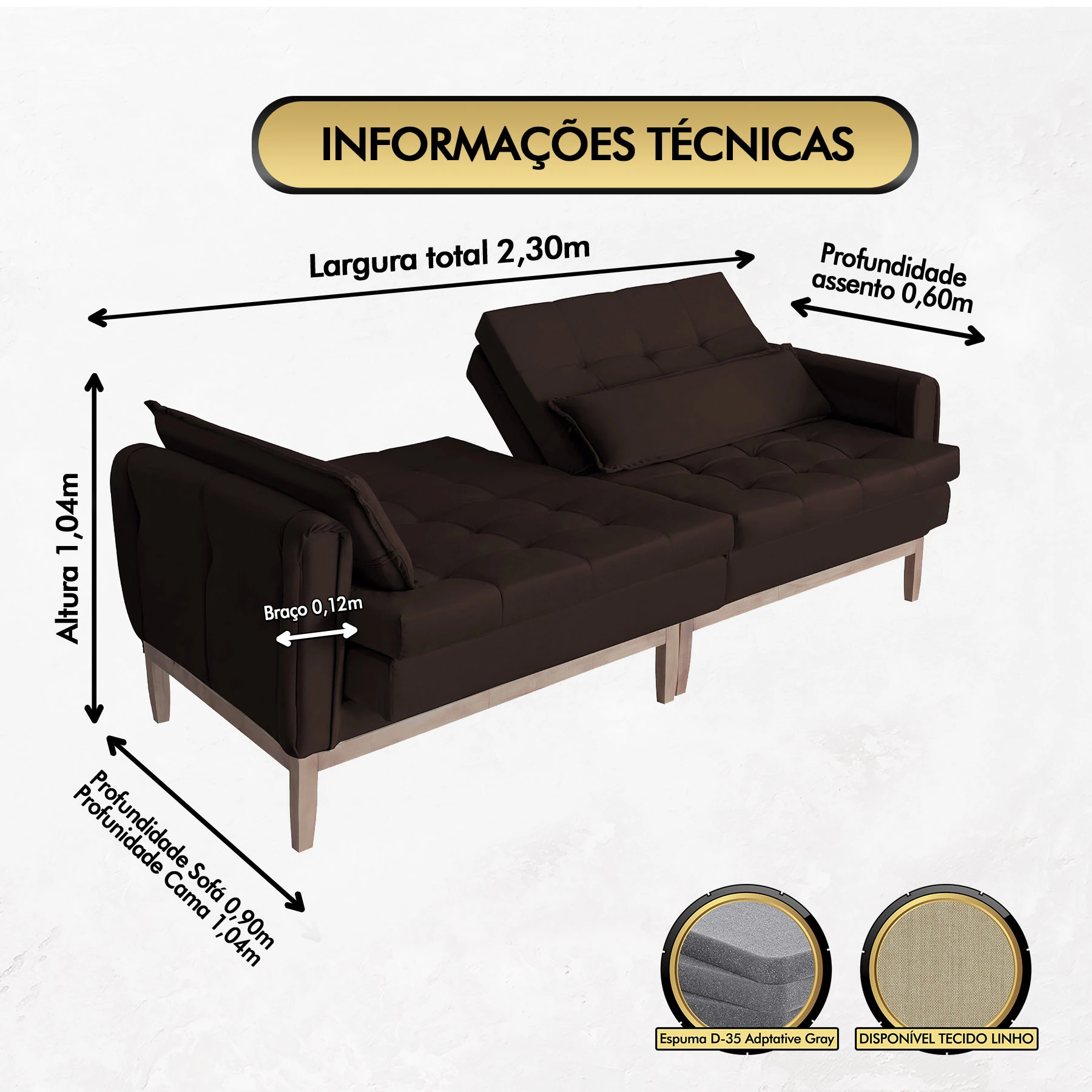 Sofá Cama Rivieira 2,30m - Marrom