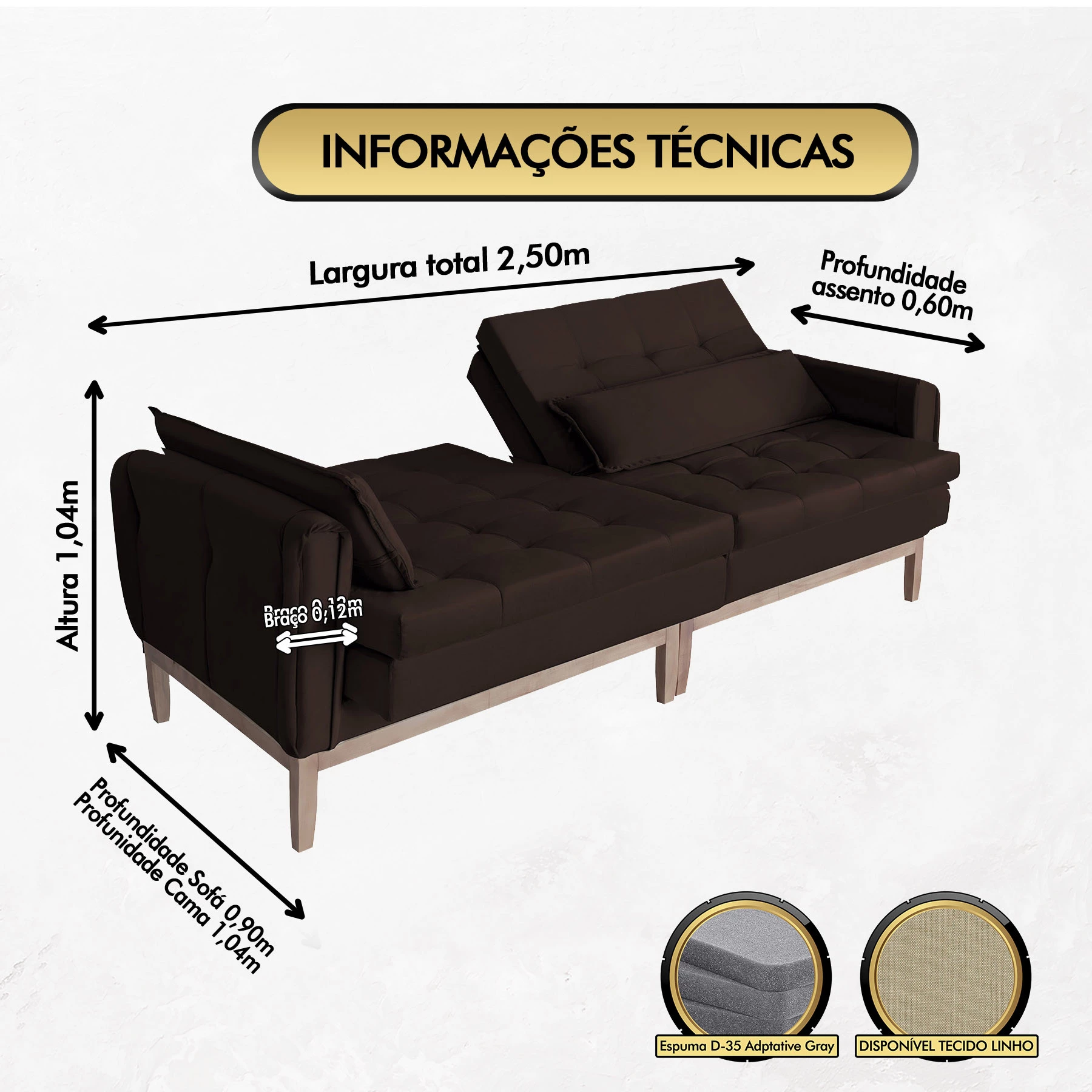 Sofá Cama Rivieira 2,50m - Marrom