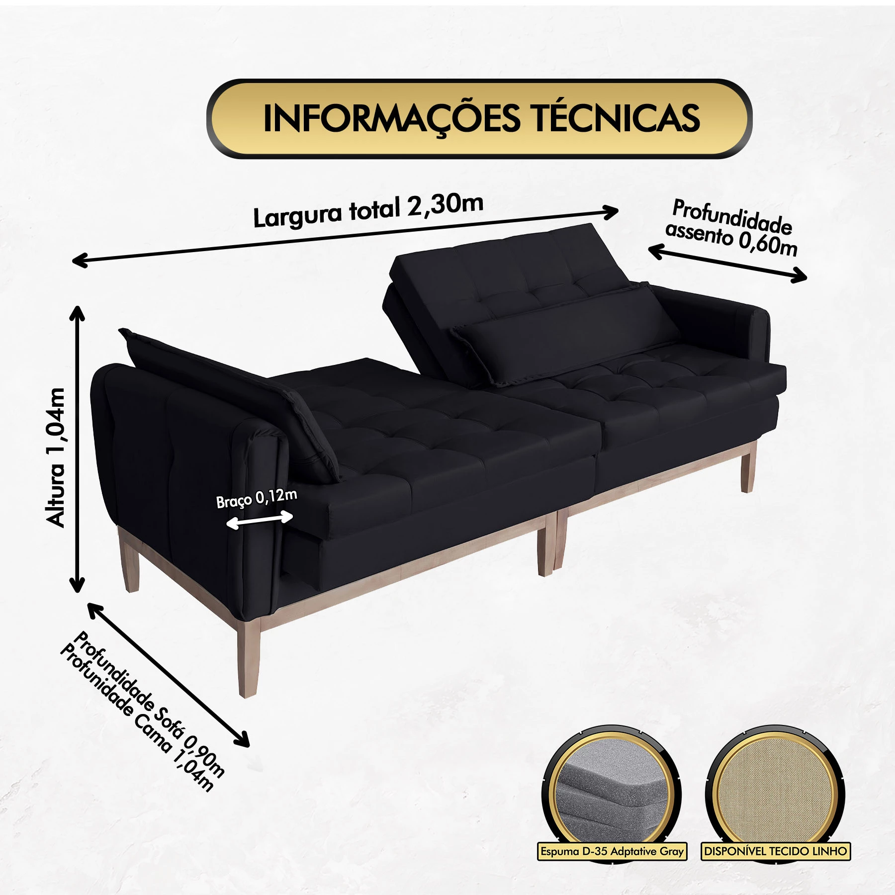 Sofá Cama Rivieira 2,30m - Preto
