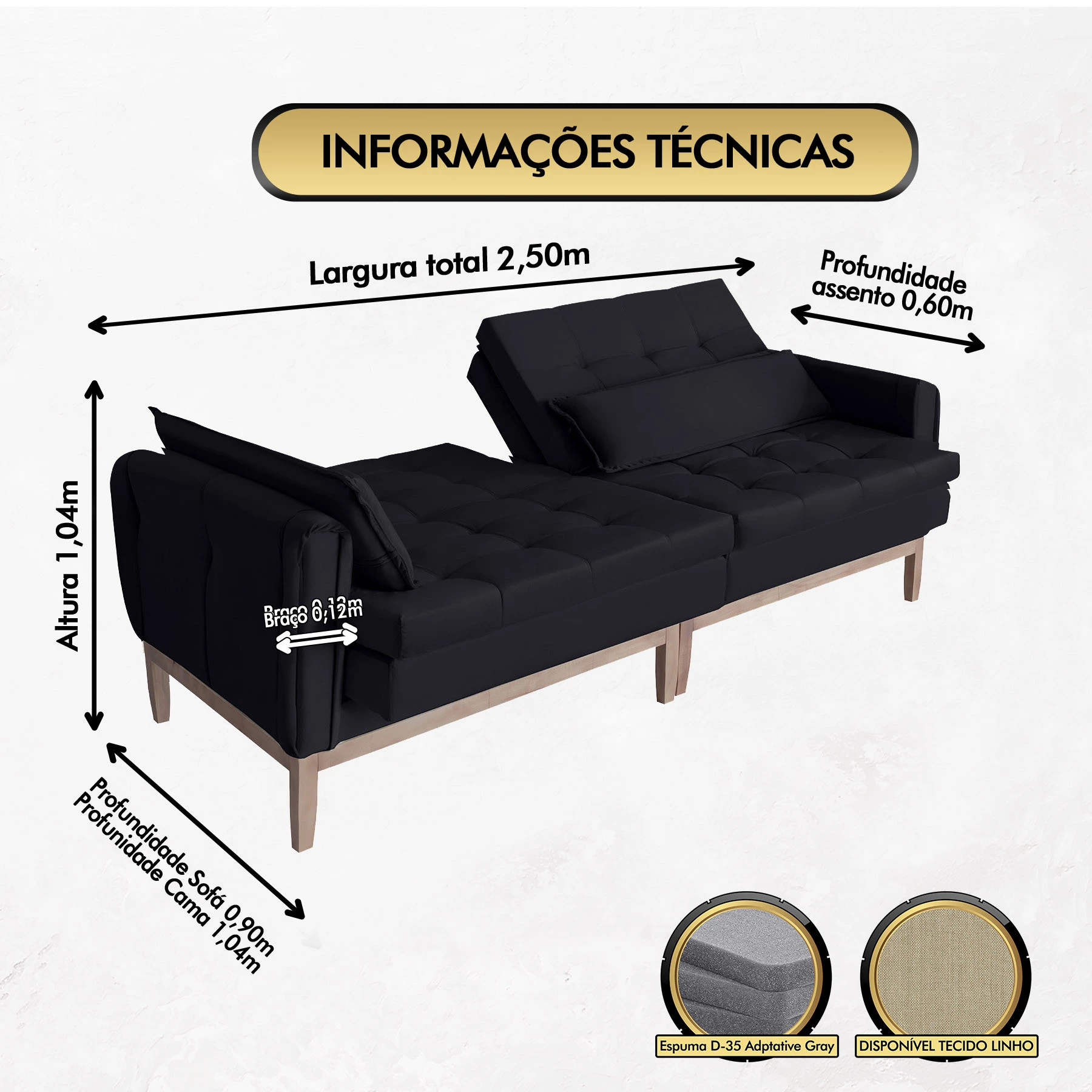 Sofá Cama Rivieira 2,50m - Preto