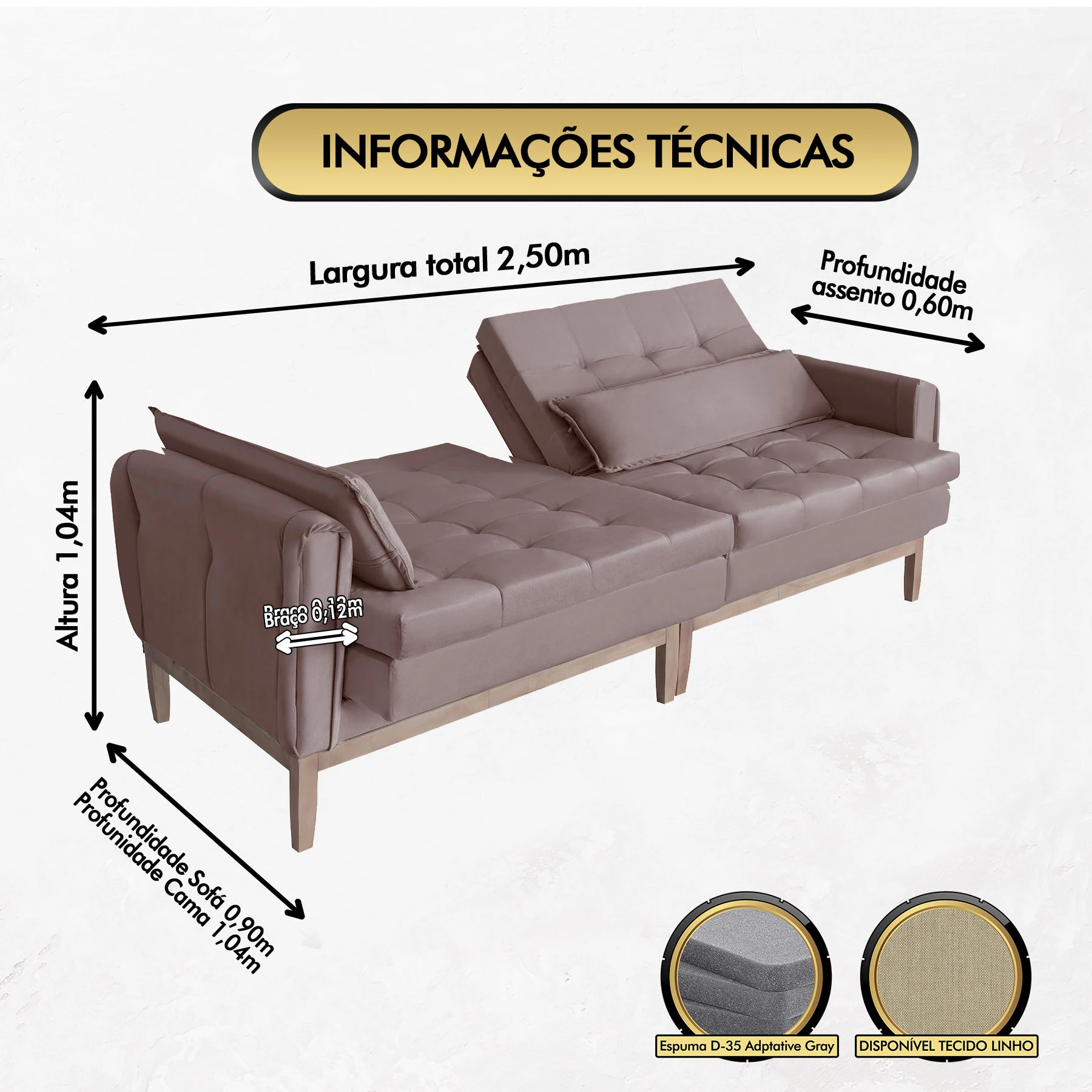 Sofá Cama Rivieira 2,50m - Rosê