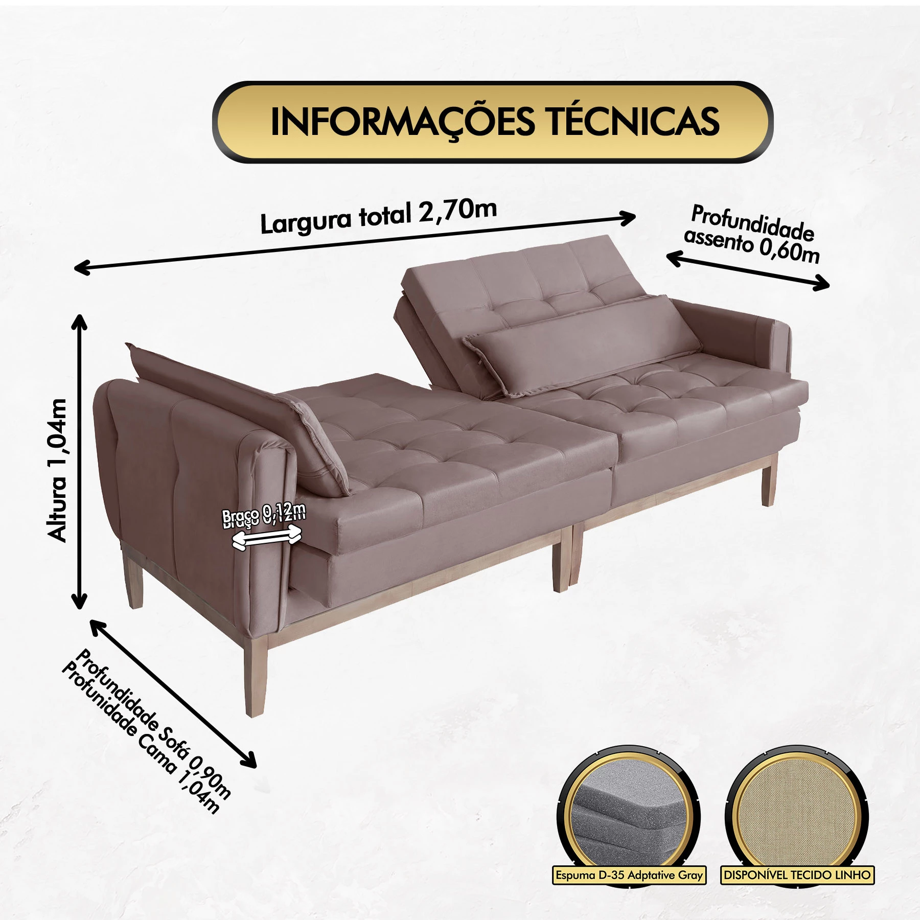 Sofá Cama Rivieira 2,70m - Rosê