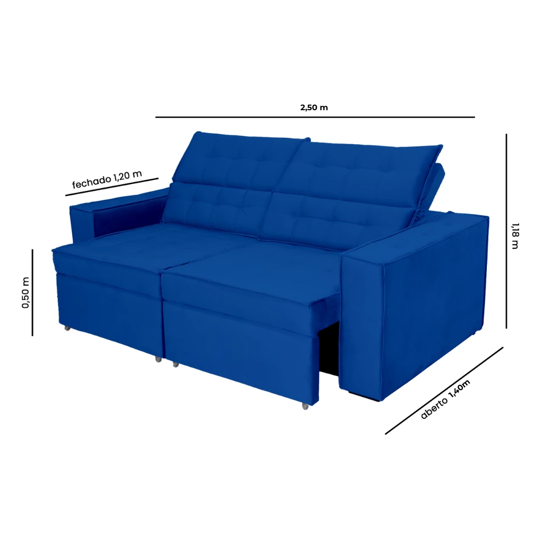 Sofá Austrália 2,50m 4 Lugares Retrátil e Reclinável D35 - Azul