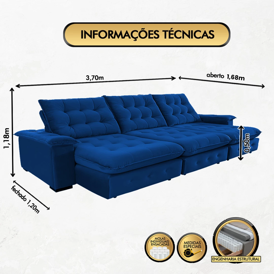 Sofá Coliseu 3,70m Retrátil e Reclinável Super Pillow - Azul