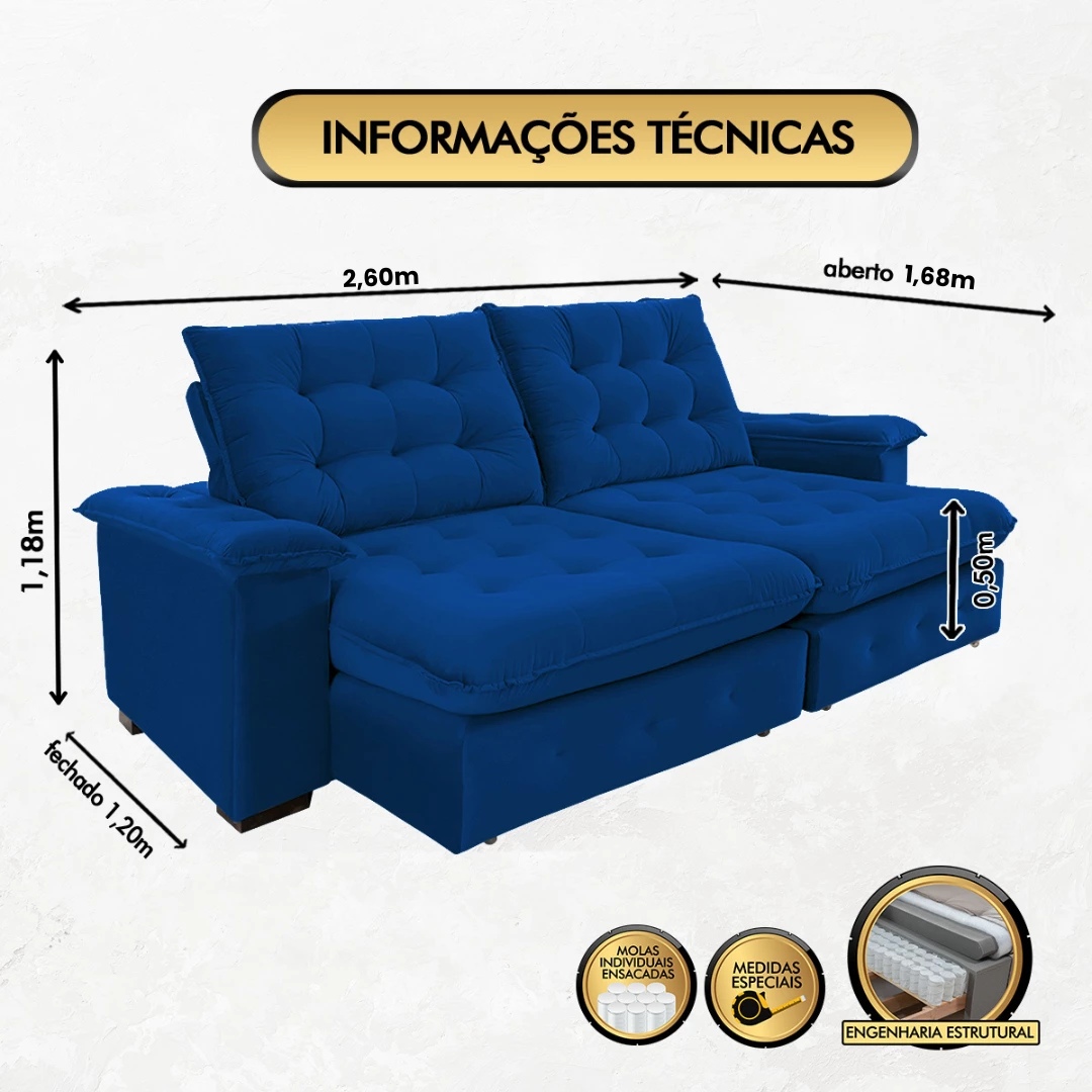 Sofá Coliseu 2,60m Retrátil e Reclinável Super Pillow - Azul