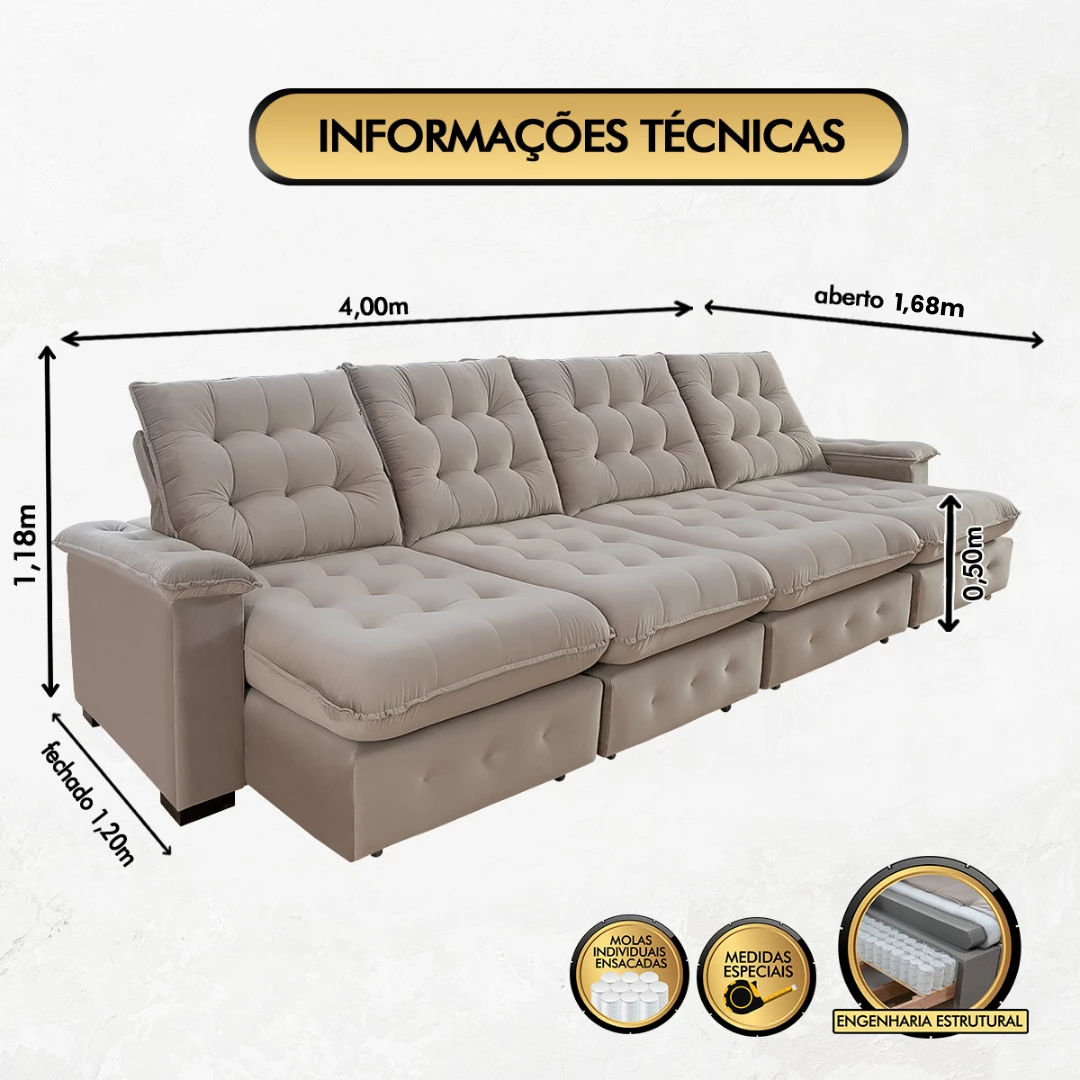 Sofá Coliseu 4,00m Retrátil e Reclinável Super Pillow - Avelã