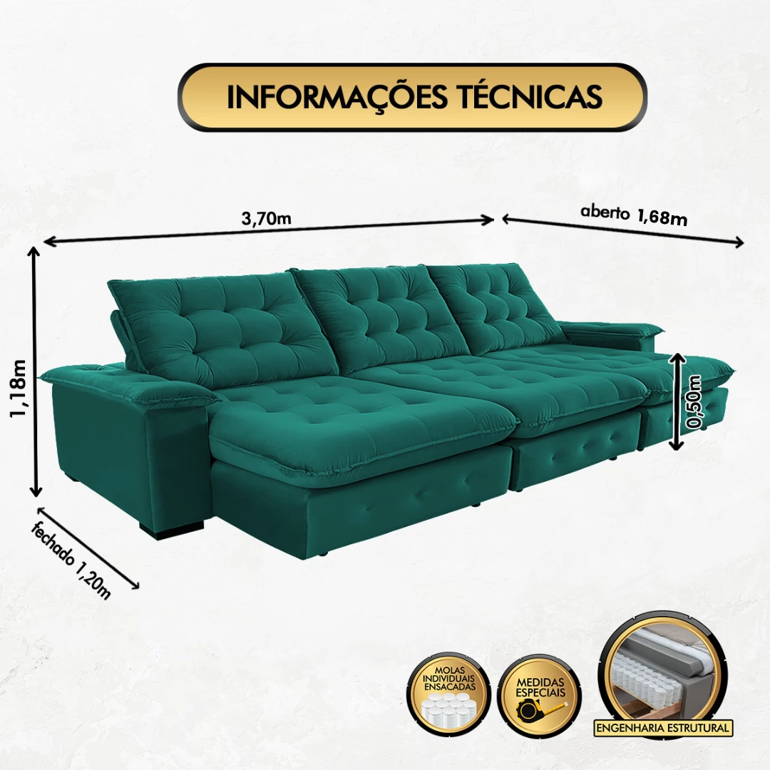 Sofá Coliseu 3,70m Retrátil e Reclinável Super Pillow 