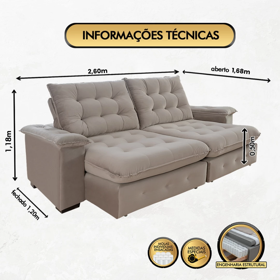 Sofá Coliseu 2,60m Retrátil e Reclinável Super Pillow - Avelã