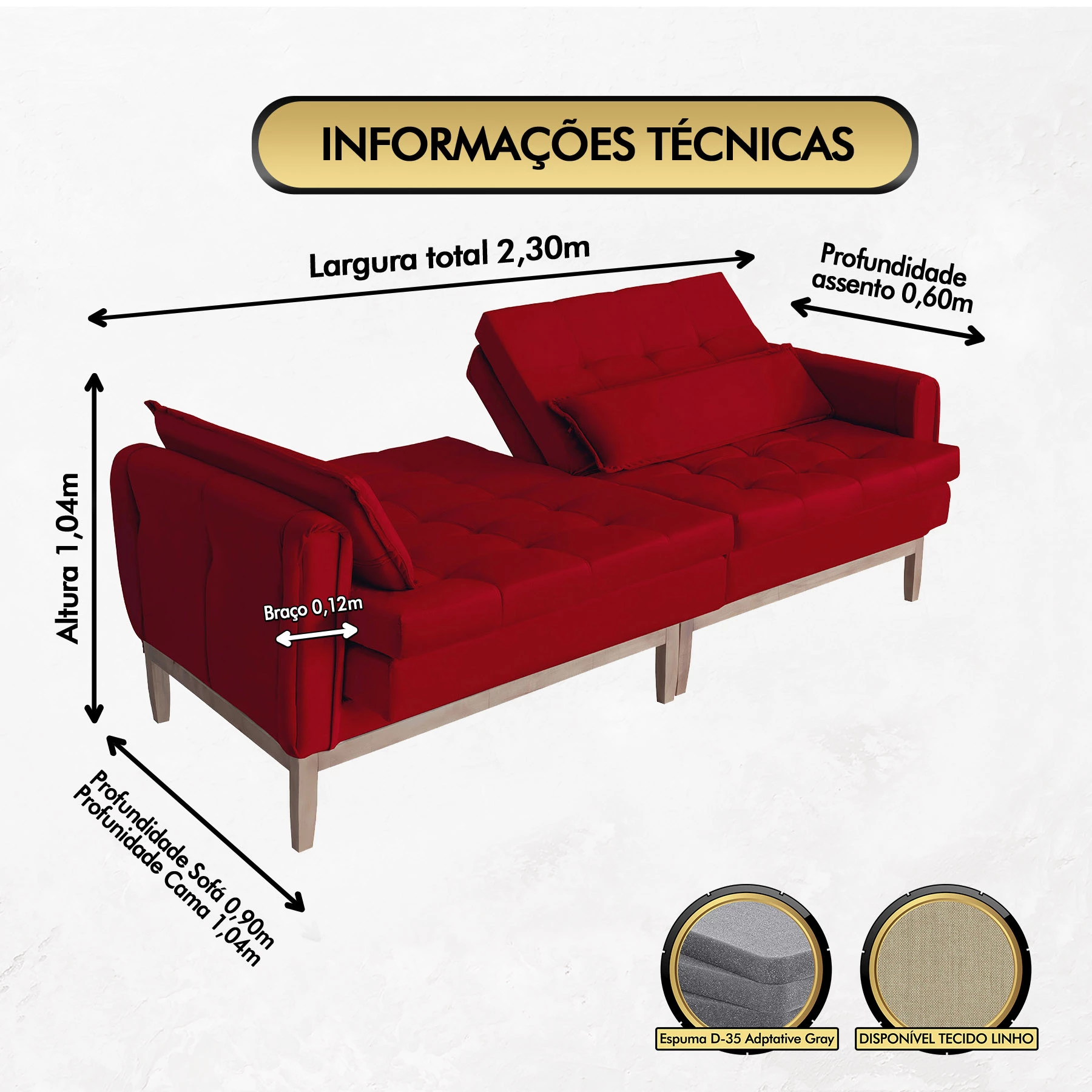 Sofá Cama Rivieira 2,30m - Vermelho