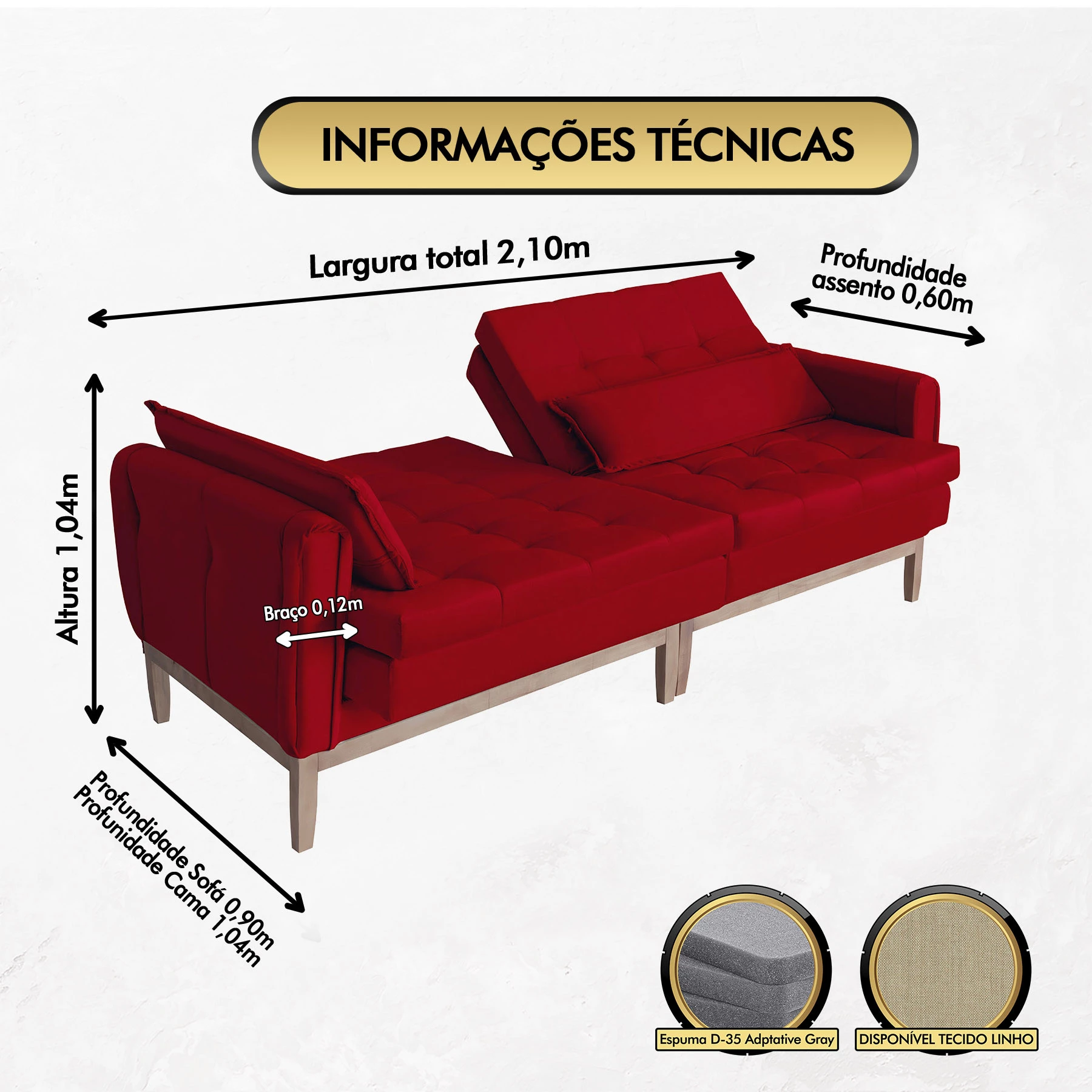 Sofá Cama Rivieira 2,10m - Vermelho