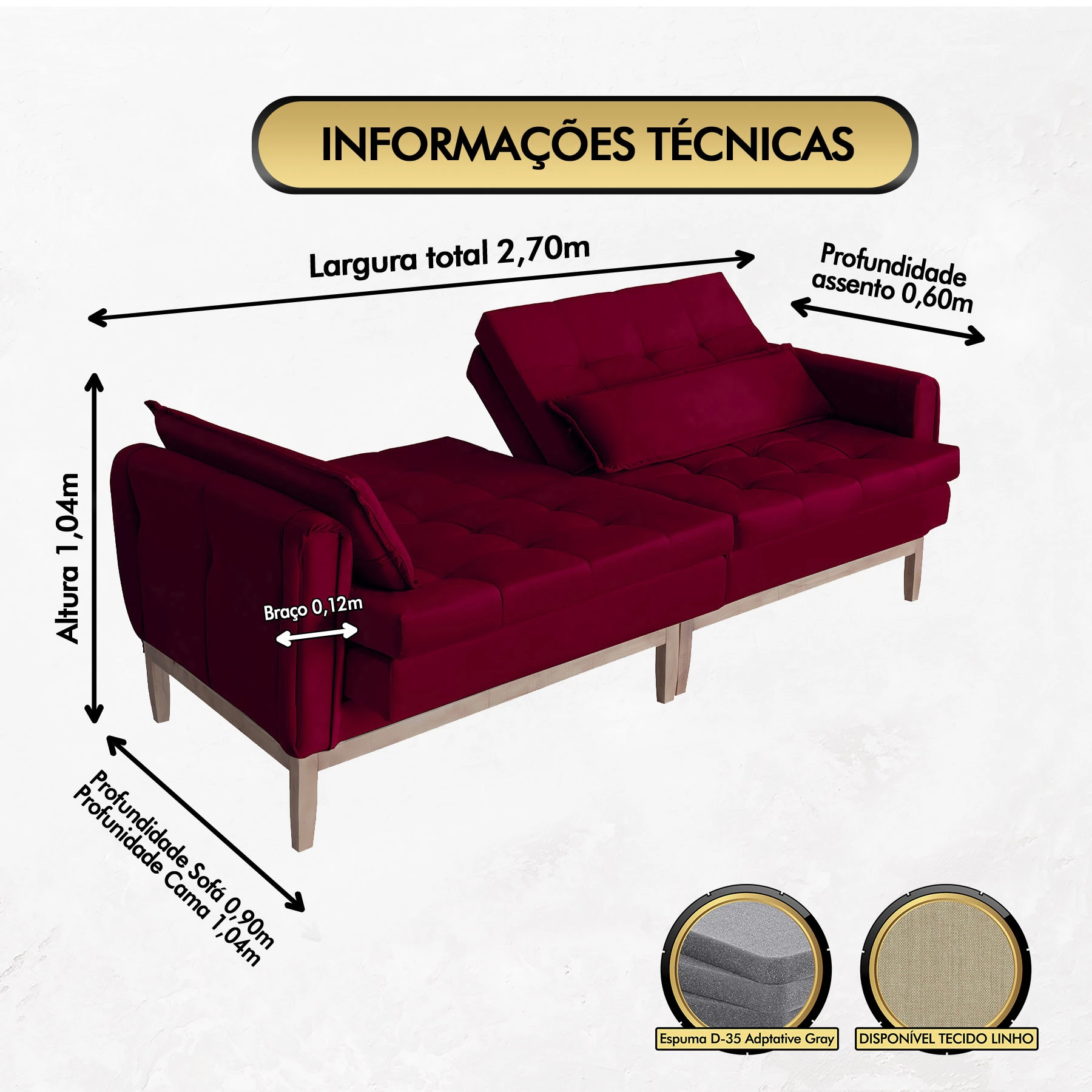 Sofá Cama Rivieira 2,70m - Vinho