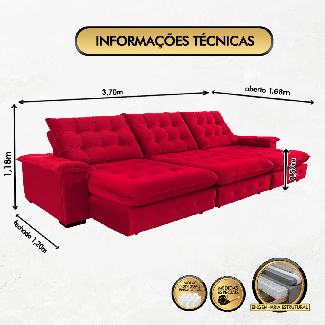 Sofá Coliseu 3,70m Retrátil e Reclinável Super Pillow - Vermelho