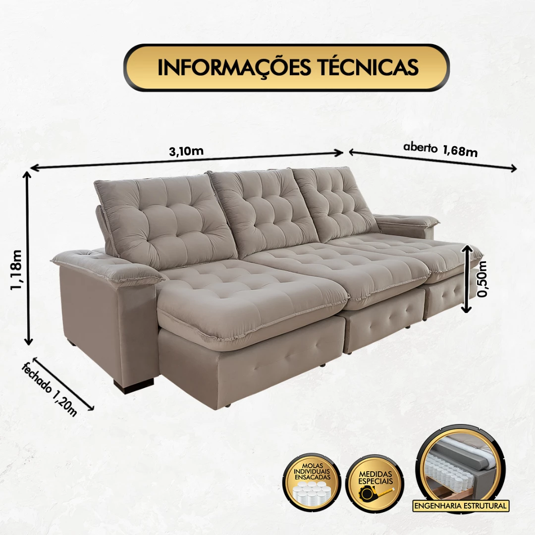 Sofá Coliseu 3,10m Retrátil e Reclinável Super Pillow - Avelã