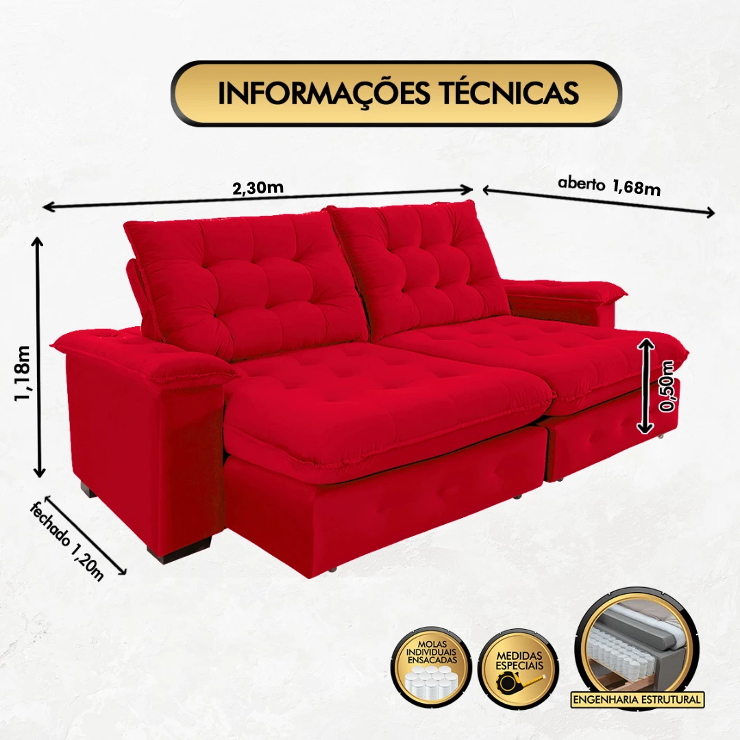 Sofá Coliseu 2,30m Retrátil e Reclinável Super Pillow - Vermelho
