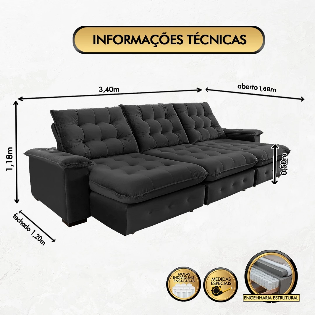 Sofá Coliseu 3,40m Retrátil e Reclinável Super Pillow - Preto