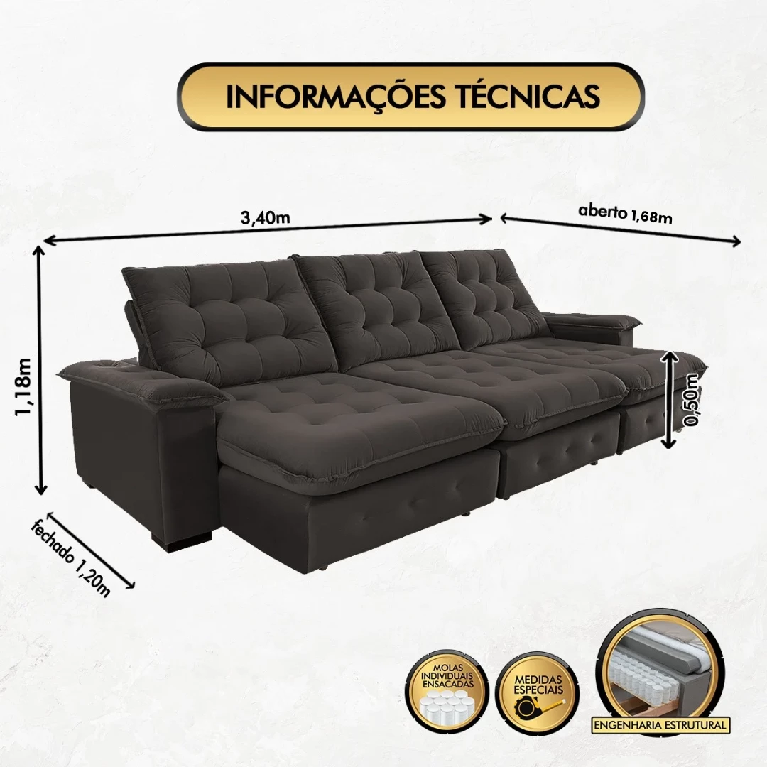 Sofá Coliseu 3,40m Retrátil e Reclinável Super Pillow - Marrom