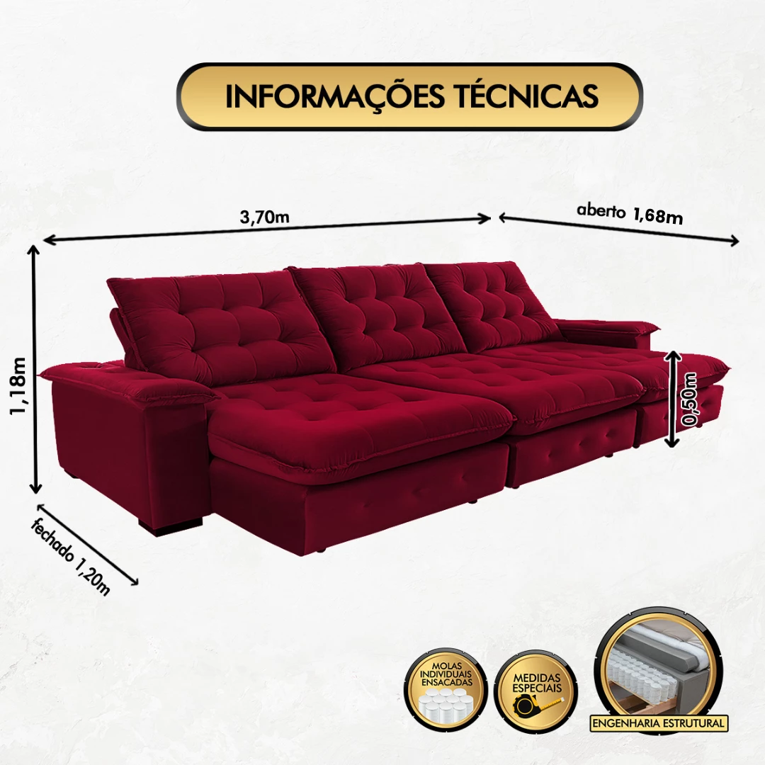 Sofá Coliseu 3,70m Retrátil e Reclinável Super Pillow - Vinho