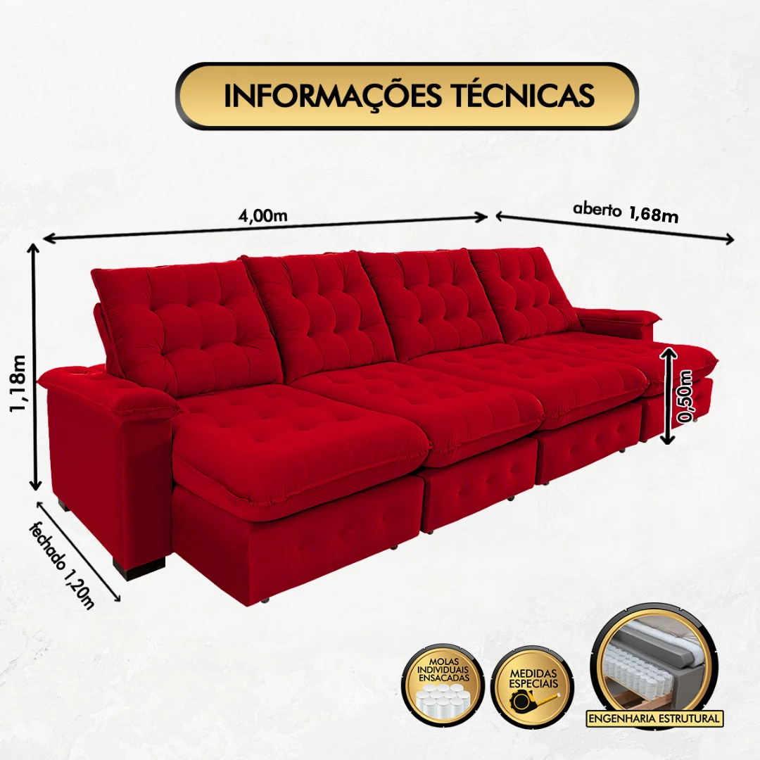 Sofá Coliseu 4,00m Retrátil e Reclinável Super Pillow - Vermelho
