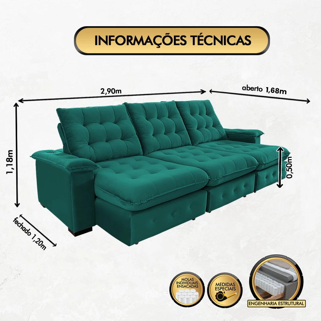 Sofá Retrátil e Reclinável 2,90m  Coliseu Super Pillow - Verde