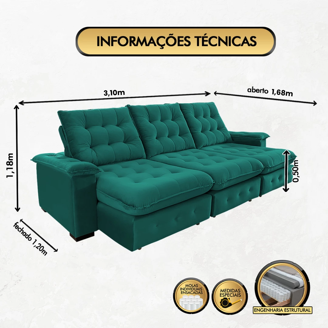 Sofá Coliseu 3,10m Retrátil e Reclinável Super Pillow 