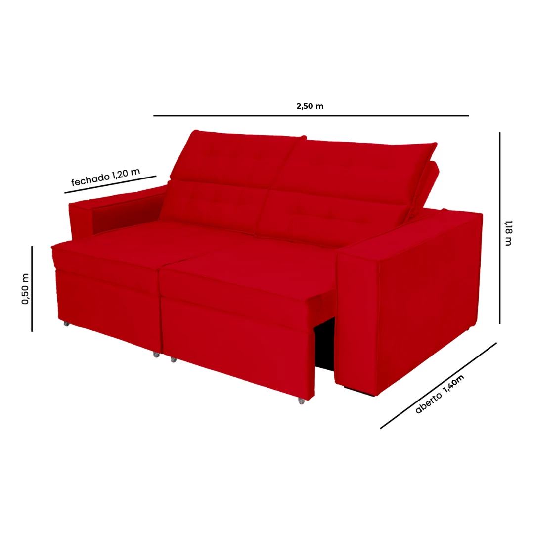 Sofá Austrália 2,50m 4 Lugares Retrátil e Reclinável D35 - Vermelho