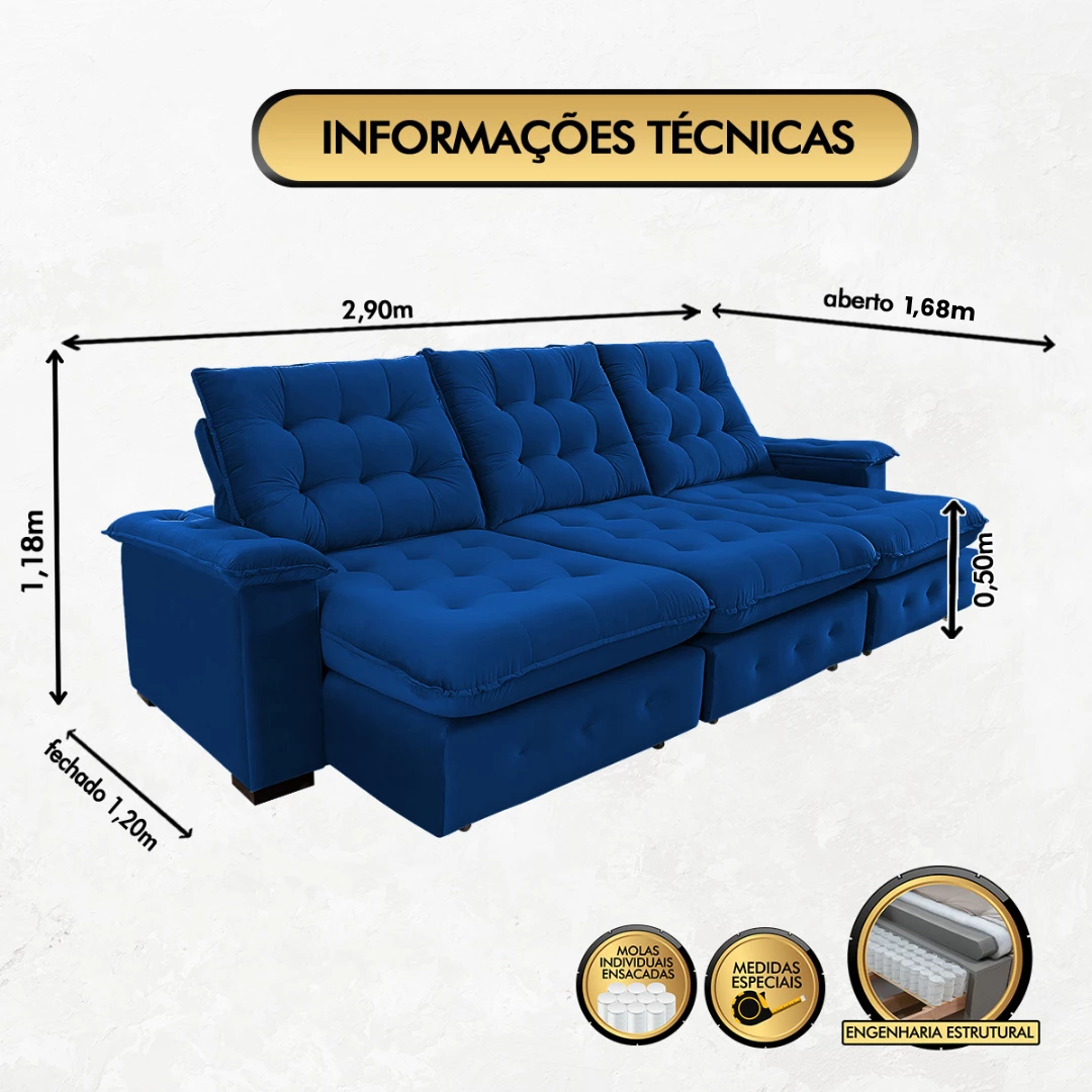 Sofá Retrátil e Reclinável Coliseu 2,90m Super Pillow - Azul