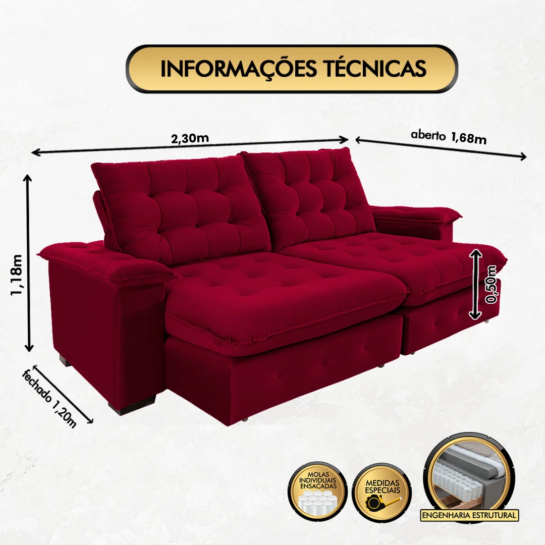 Sofá Coliseu 2,30m Retrátil e Reclinável Super Pillow - Vinho