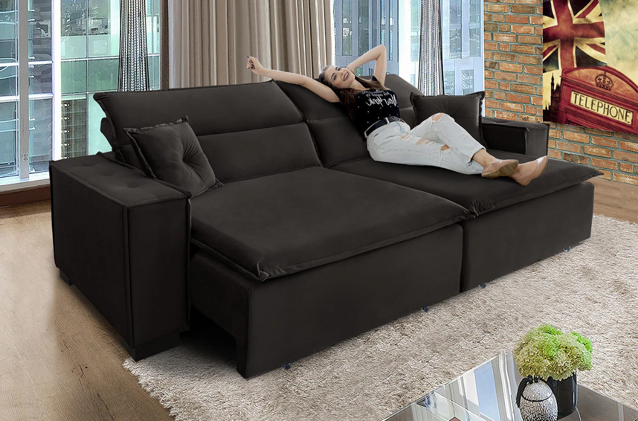 Sofá Londres 3,00m Retrátil e Reclinável Pillow Top - Marrom