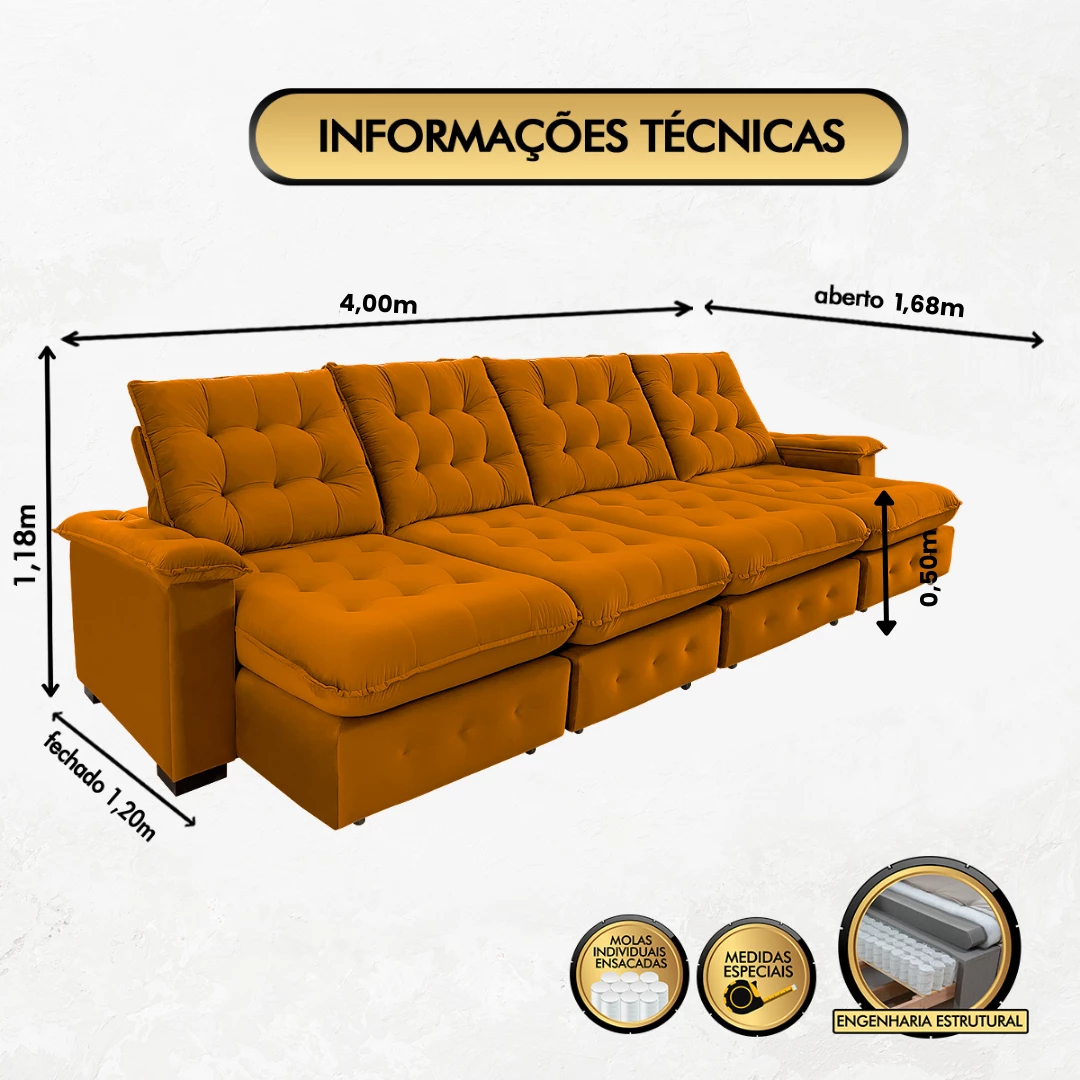Sofá Coliseu 4,00m Retrátil e Reclinável Super Pillow - Terra