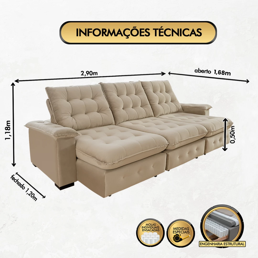 Sofá Retrátil e Reclinável 2,90m  Coliseu Super Pillow - Bege