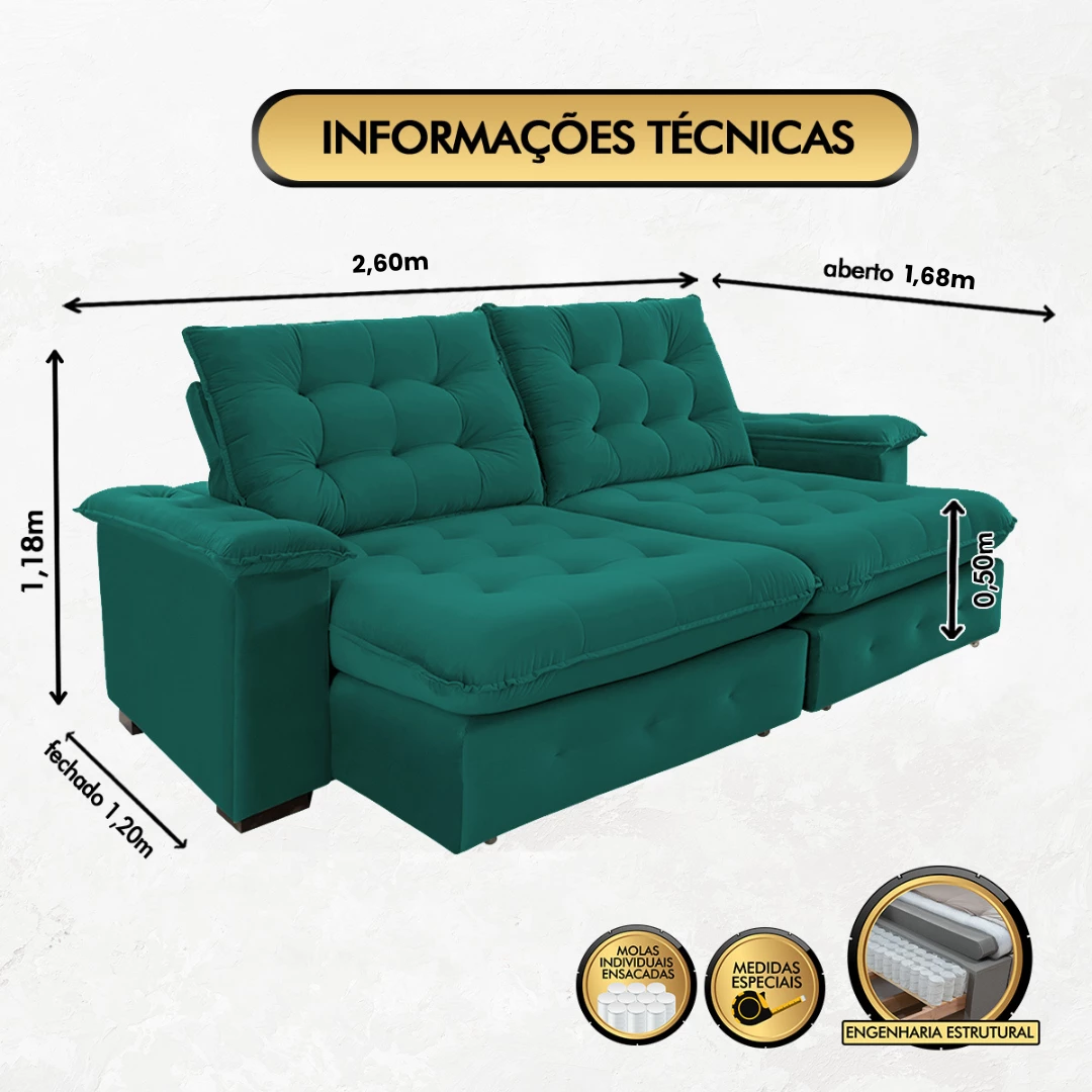 Sofá Coliseu 2,60m Retrátil e Reclinável Super Pillow - Verde