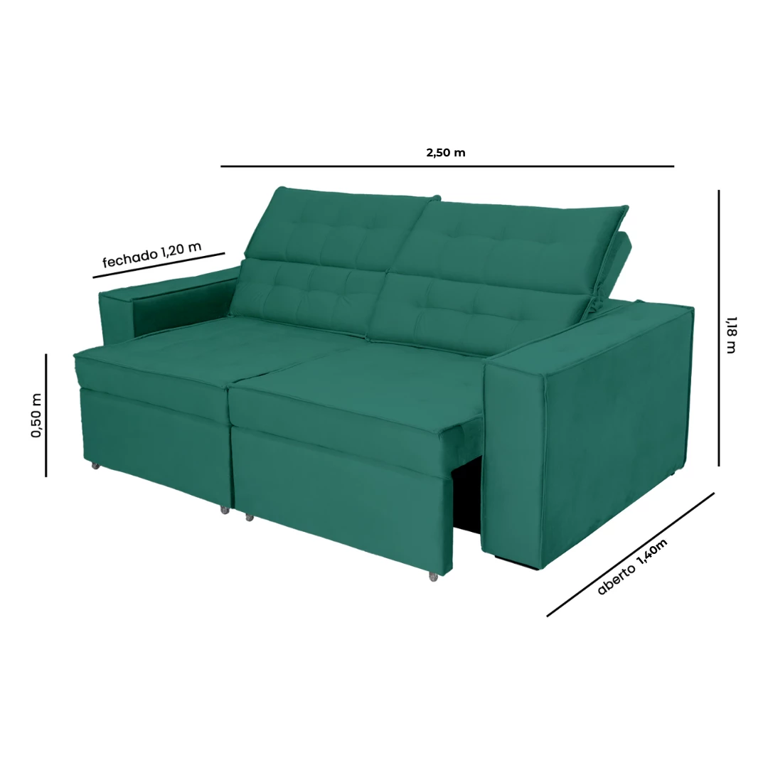 Sofá Austrália 2,50m 4 Lugares Retrátil e Reclinável D35 - Verde