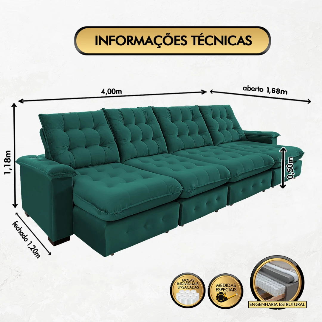 Sofá Coliseu 4,00m Retrátil e Reclinável Super Pillow - Verde