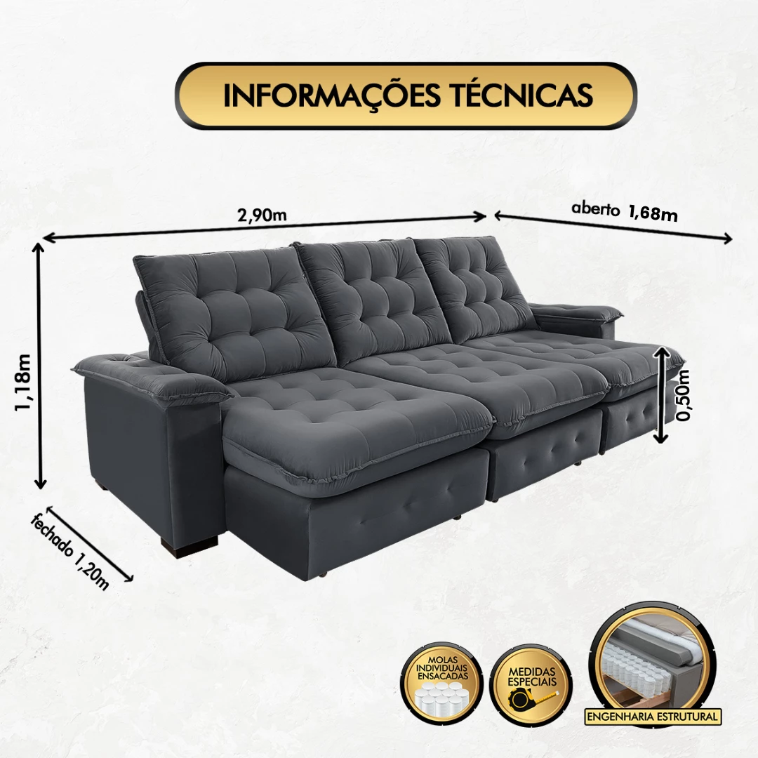 Sofá Coliseu Retrátil e Reclinável 2,90m  Super Pillow 