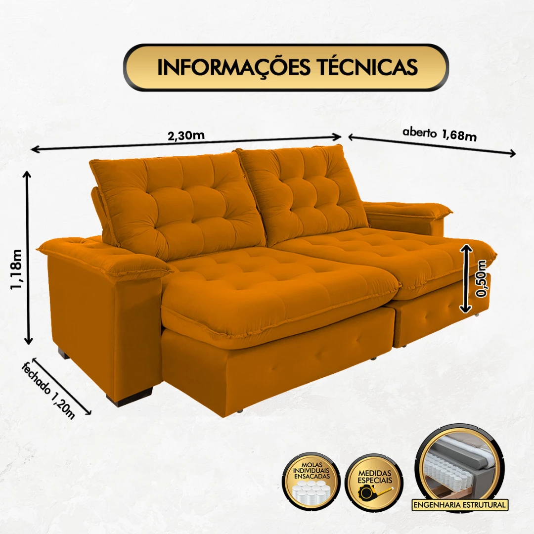 Sofá Coliseu 2,30m Retrátil e Reclinável Super Pillow - Terra