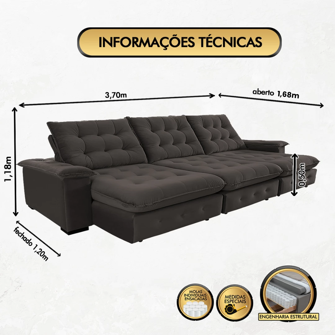 Sofá Coliseu 3,70m Retrátil e Reclinável Super Pillow - Marrom