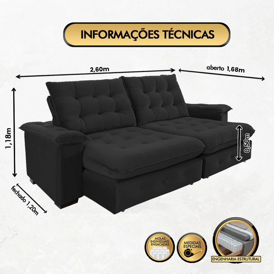 Sofá Coliseu 2,60m Retrátil e Reclinável Super Pillow - Preto
