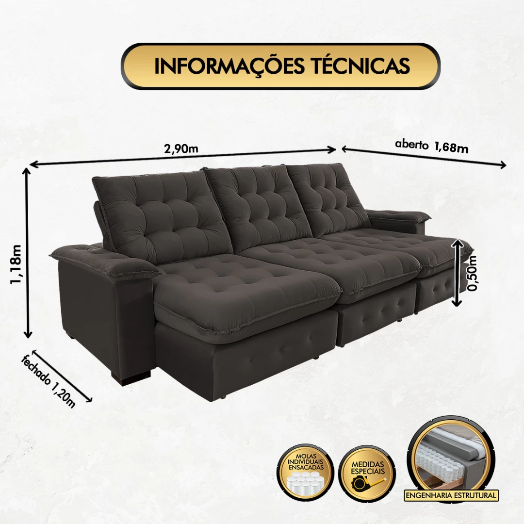 Sofá Retrátil e Reclinável  2,90m Coliseu Super Pillow - Marrom